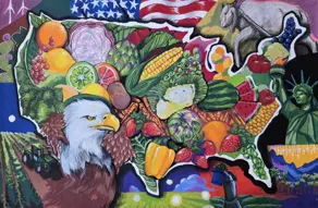 Colorful piece of an outline of the United States containing vegetables and fruit, an eagle, and farmland