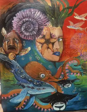 Colorful painting of Sea Life creatures and a Woman's Face with starfish covering part of her face