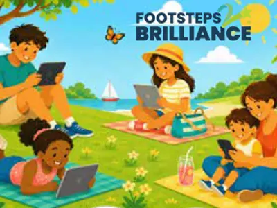 Children and families reading on devices in summer outdoor settings