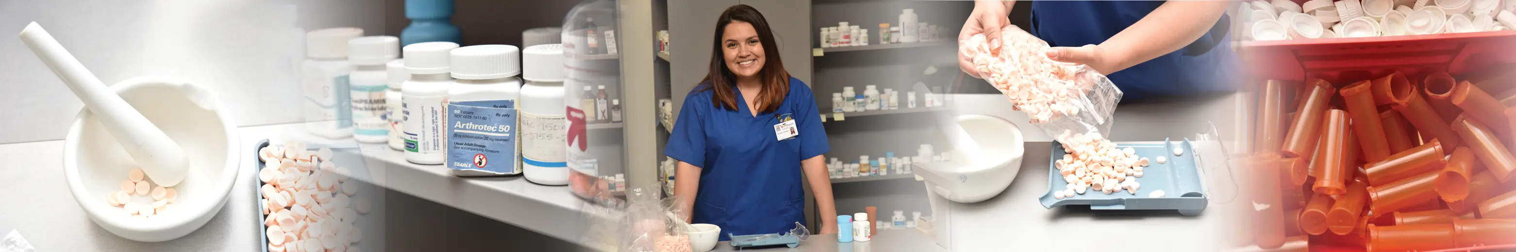 Student standing at pharmacy counter. Pharmacy bottles, tools, and pills.
