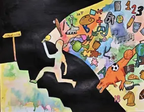 Painting of a human silhouette running up a flight of stairs towards a sign that reads "A Bright Future" , holding a lightbulb that shines a colorful light full of different items