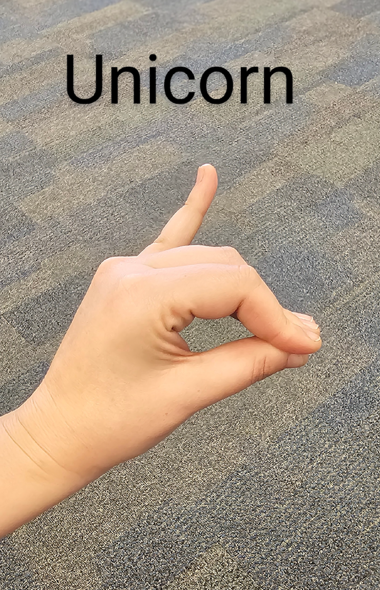 Thumb, index, middle, and ringer finger touching with a pinky up, called Unicorn