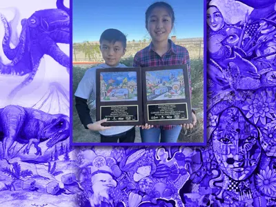 Gabby and Antonio, both smiling, as they each hold up an award plaque up that says 1st Place Winner. Their artwork is surrounding them in a colorful purple border