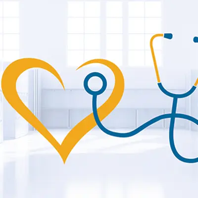 Stethescope and heart with empty school hallway as background