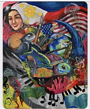 Painting of colorful overlapping layers of SeaLife, the United States Flag and the Philippines Flag, and music notes